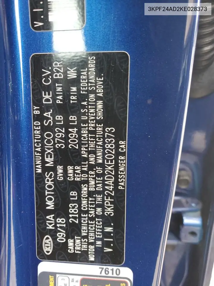 2019 Kia Forte Fe VIN: 3KPF24AD2KE028373 Lot: 56929735