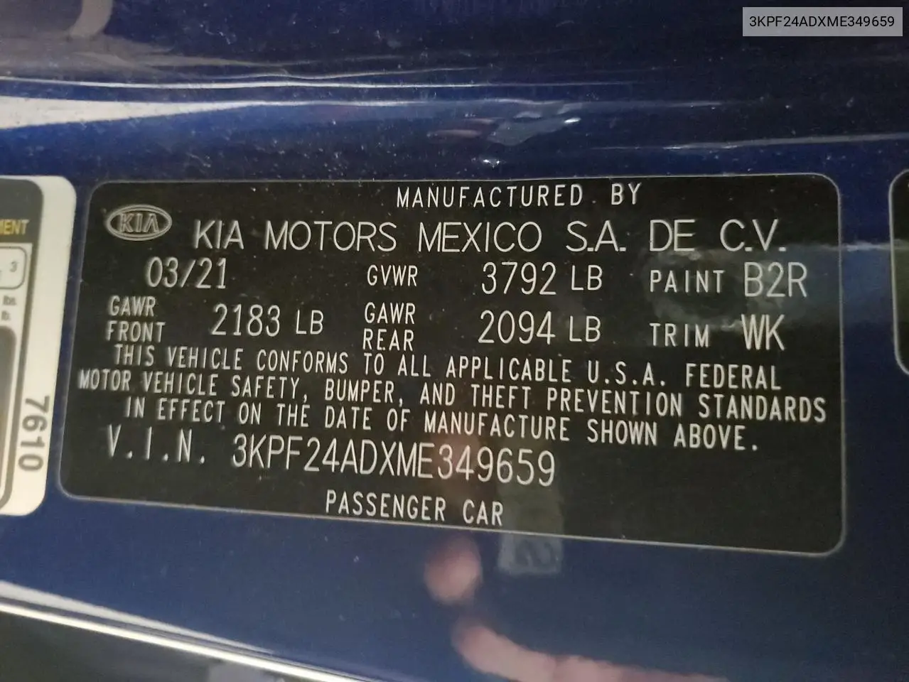 2021 Kia Forte Fe VIN: 3KPF24ADXME349659 Lot: 57096315