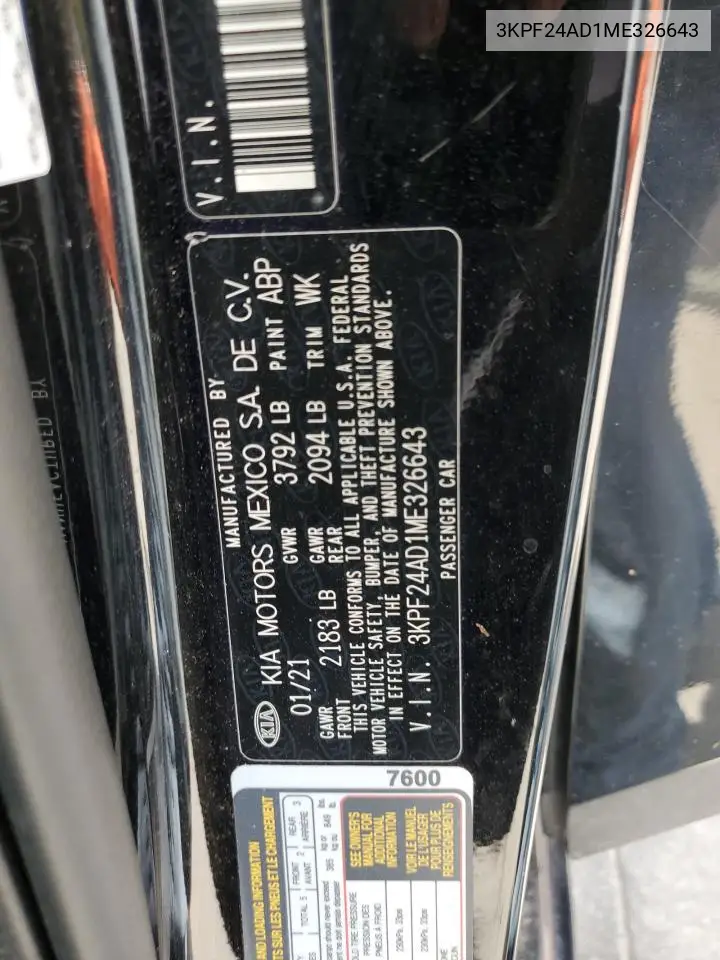 2021 Kia Forte Fe VIN: 3KPF24AD1ME326643 Lot: 61151565