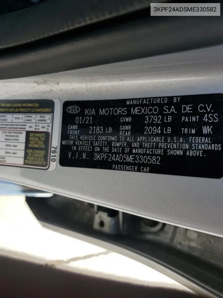 2021 Kia Forte Fe VIN: 3KPF24AD5ME330582 Lot: 61935335