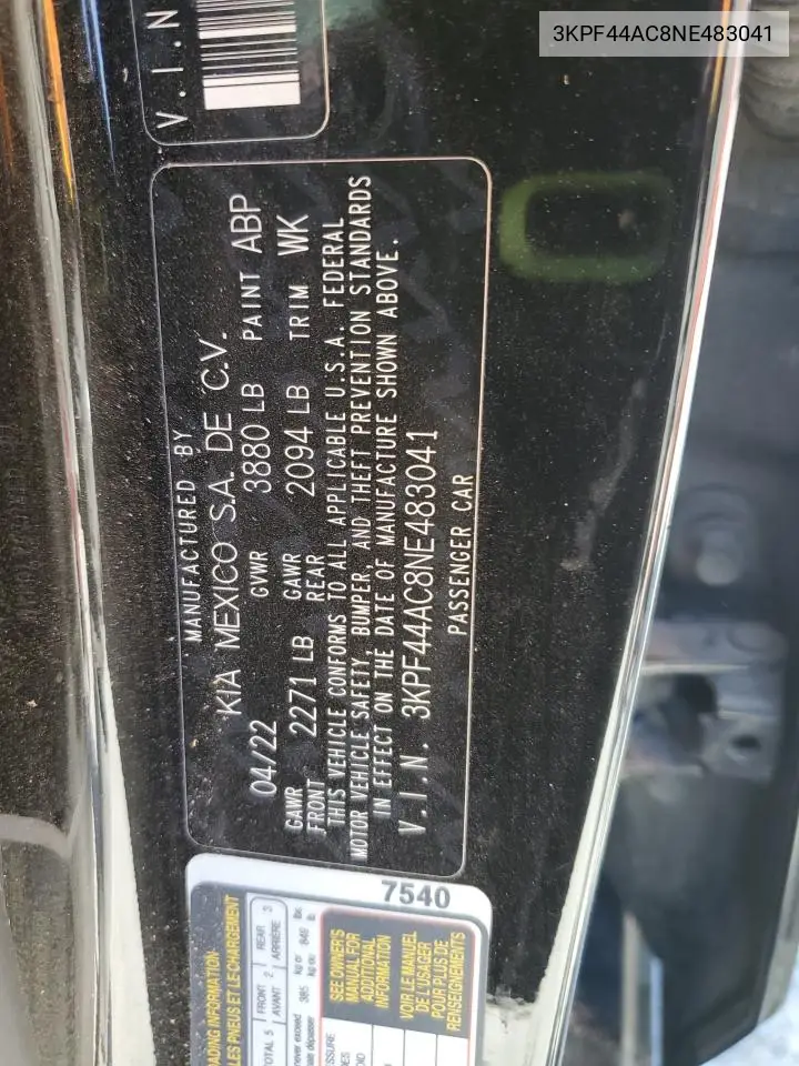 2022 Kia Forte Gt VIN: 3KPF44AC8NE483041 Lot: 53264325