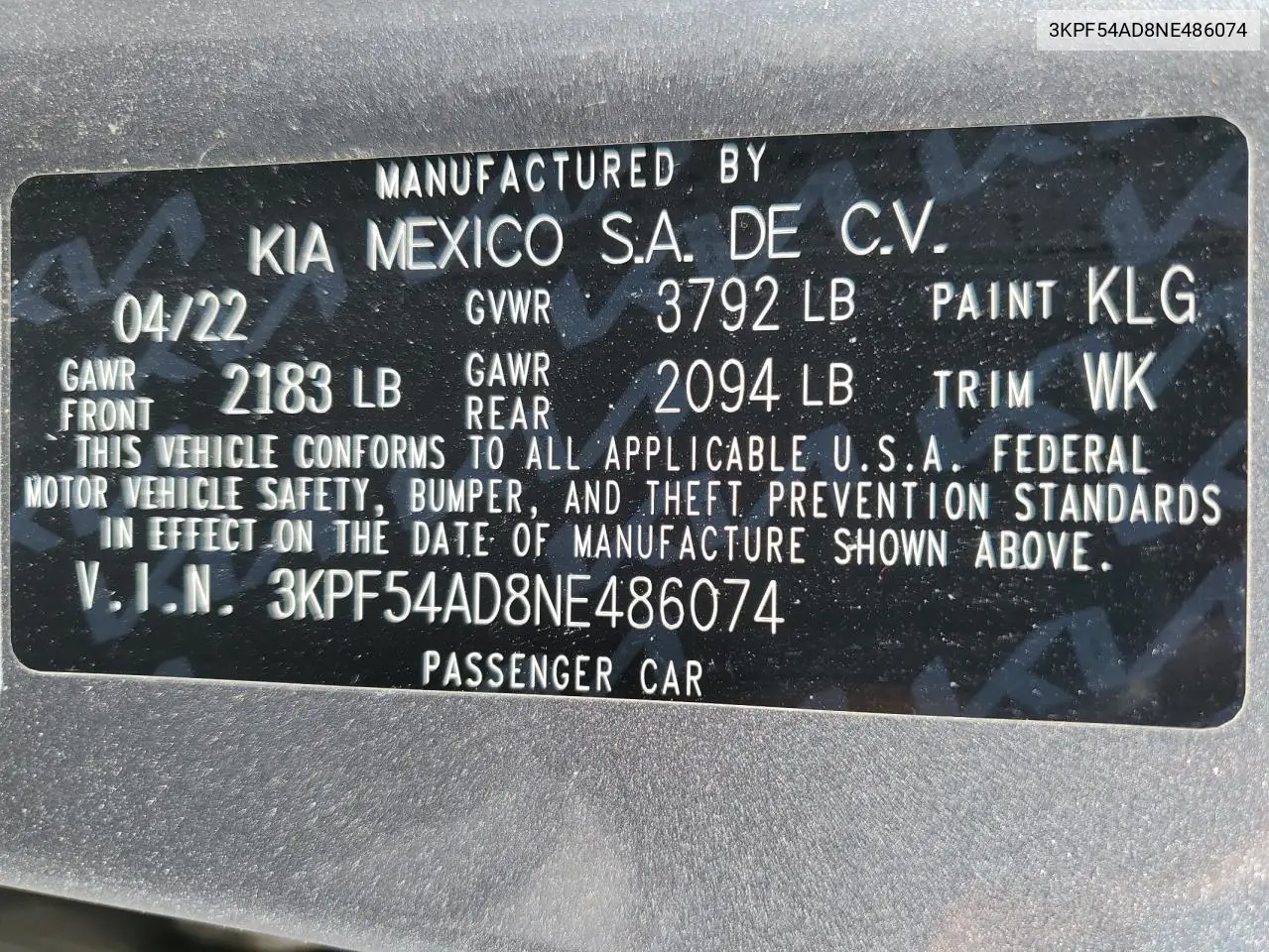 2022 Kia Forte Gt Line VIN: 3KPF54AD8NE486074 Lot: 62958785