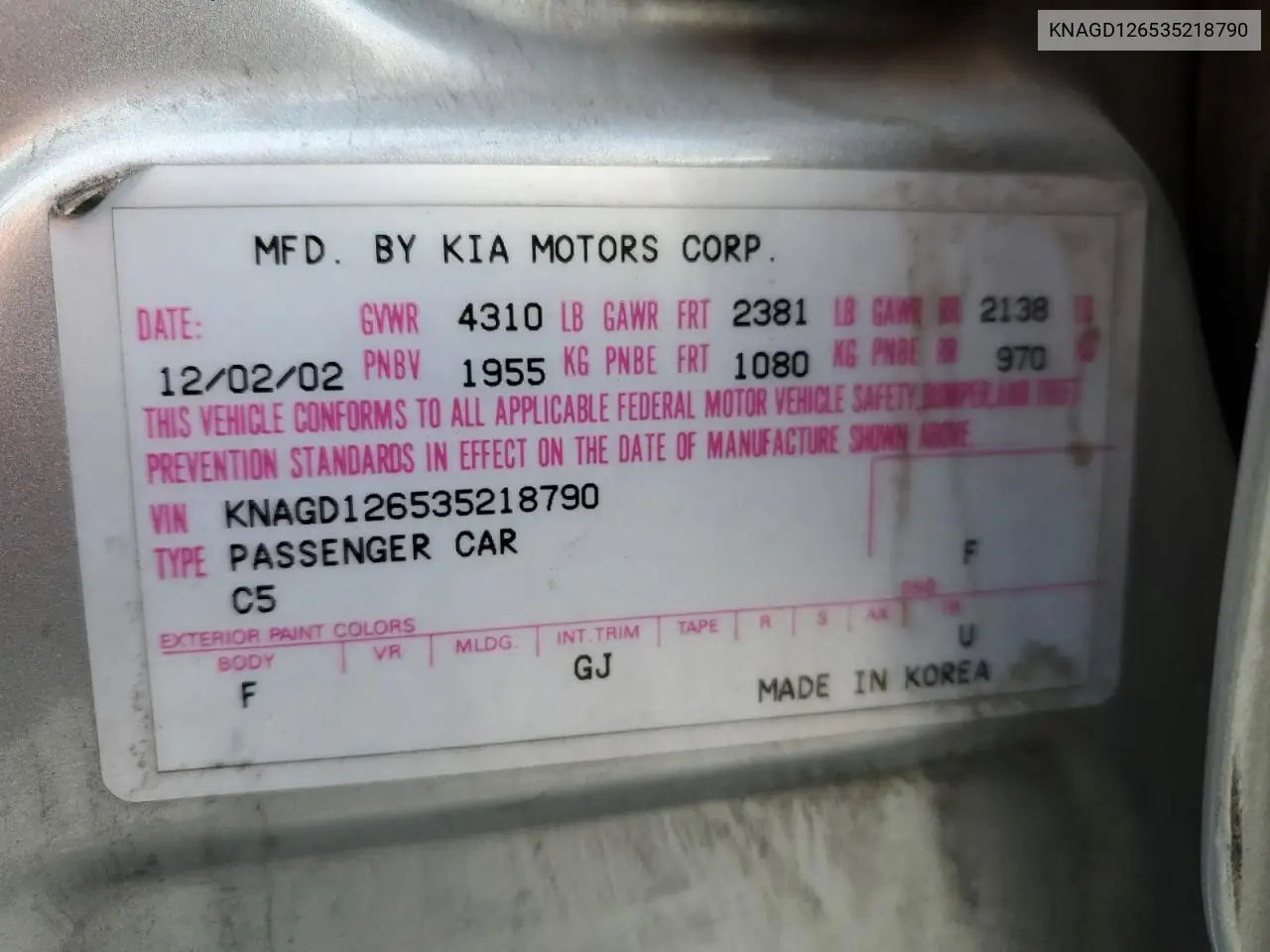2003 Kia Optima Lx VIN: KNAGD126535218790 Lot: 51278425