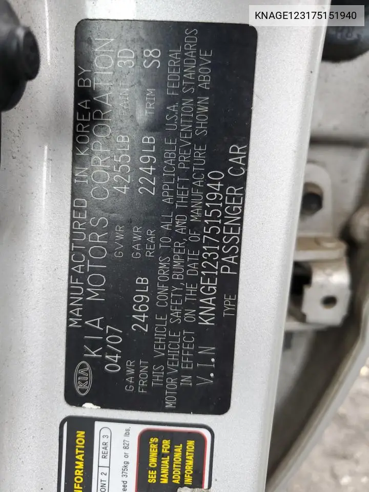 2007 Kia Optima Lx VIN: KNAGE123175151940 Lot: 61403665