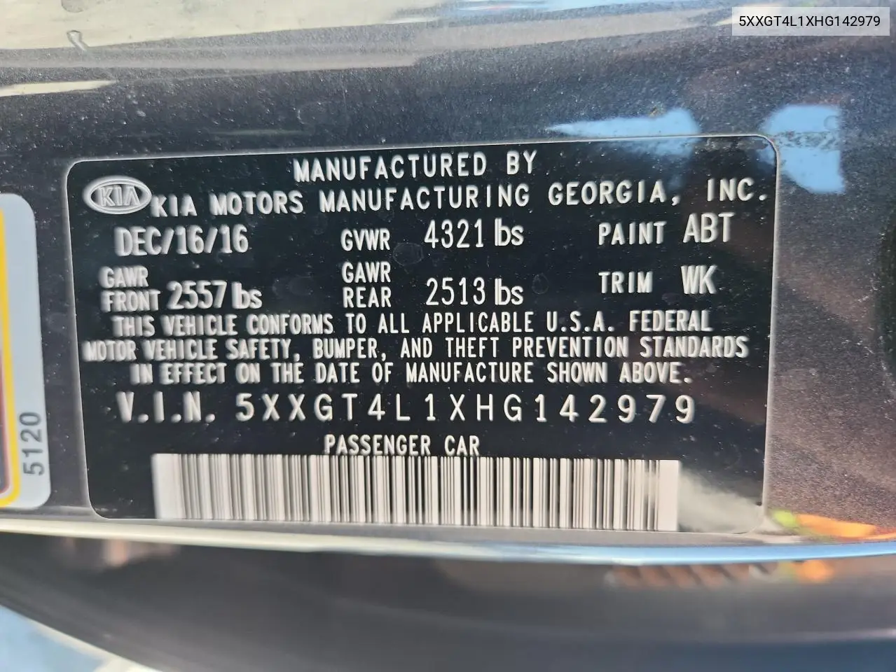 2017 Kia Optima Lx VIN: 5XXGT4L1XHG142979 Lot: 62712425