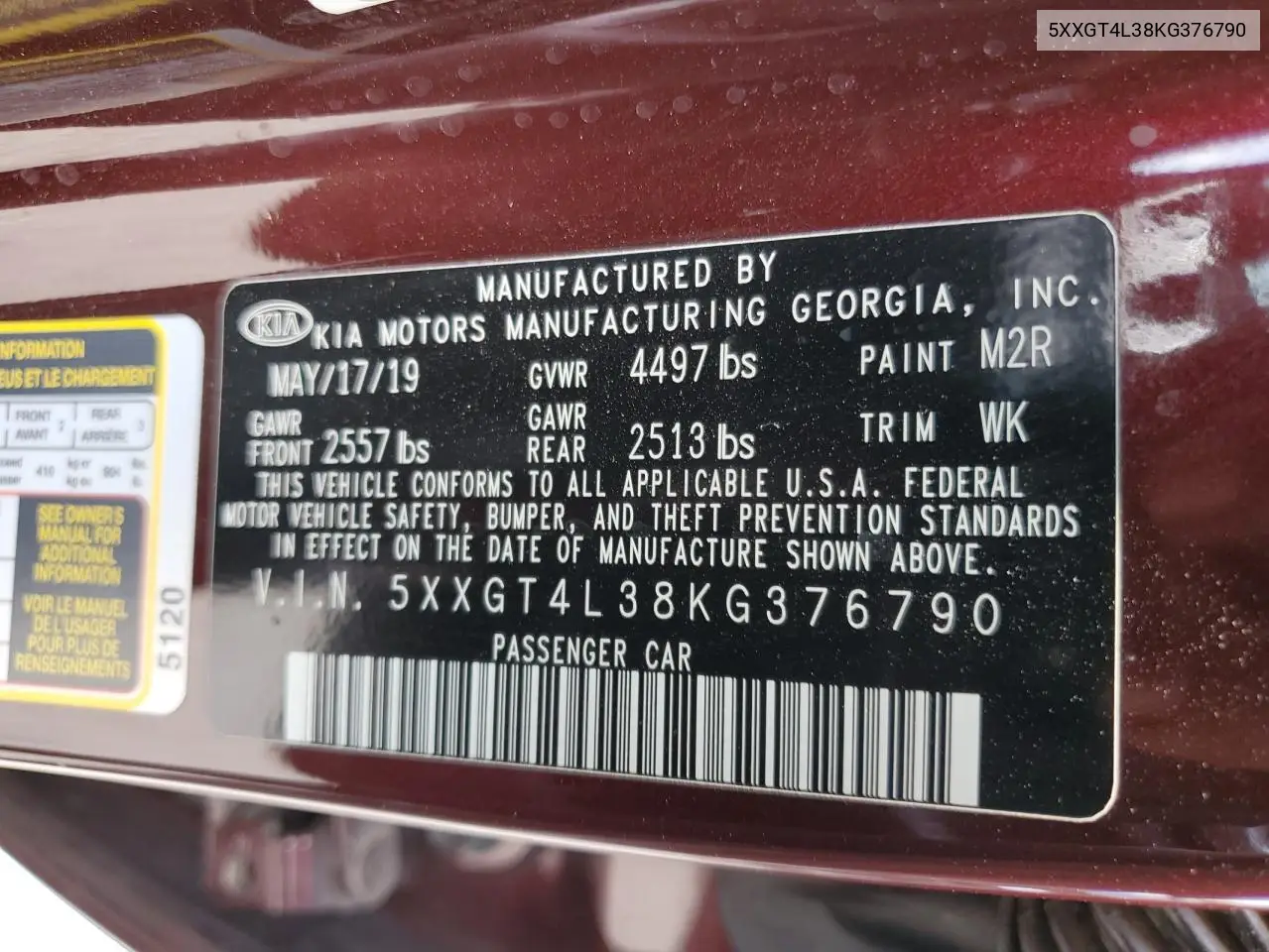 2019 Kia Optima Lx VIN: 5XXGT4L38KG376790 Lot: 56752325