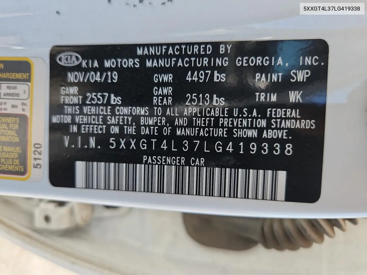 2020 Kia Optima Lx VIN: 5XXGT4L37LG419338 Lot: 62712395