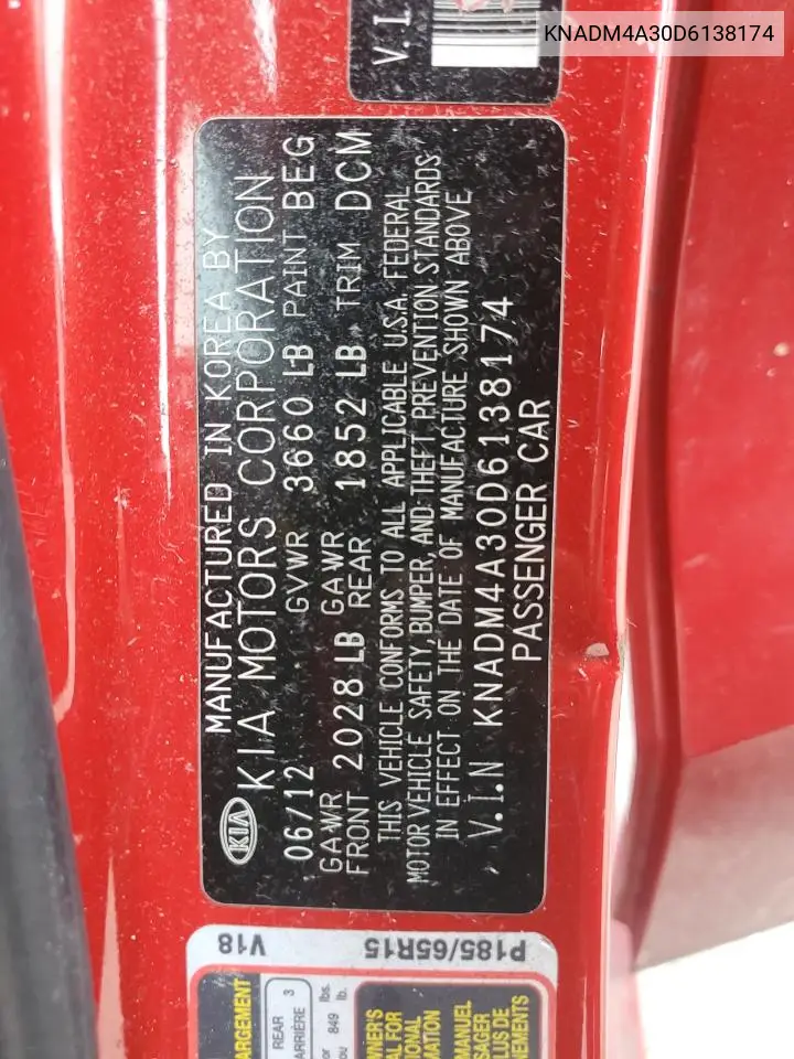 2013 Kia Rio Lx VIN: KNADM4A30D6138174 Lot: 61878335