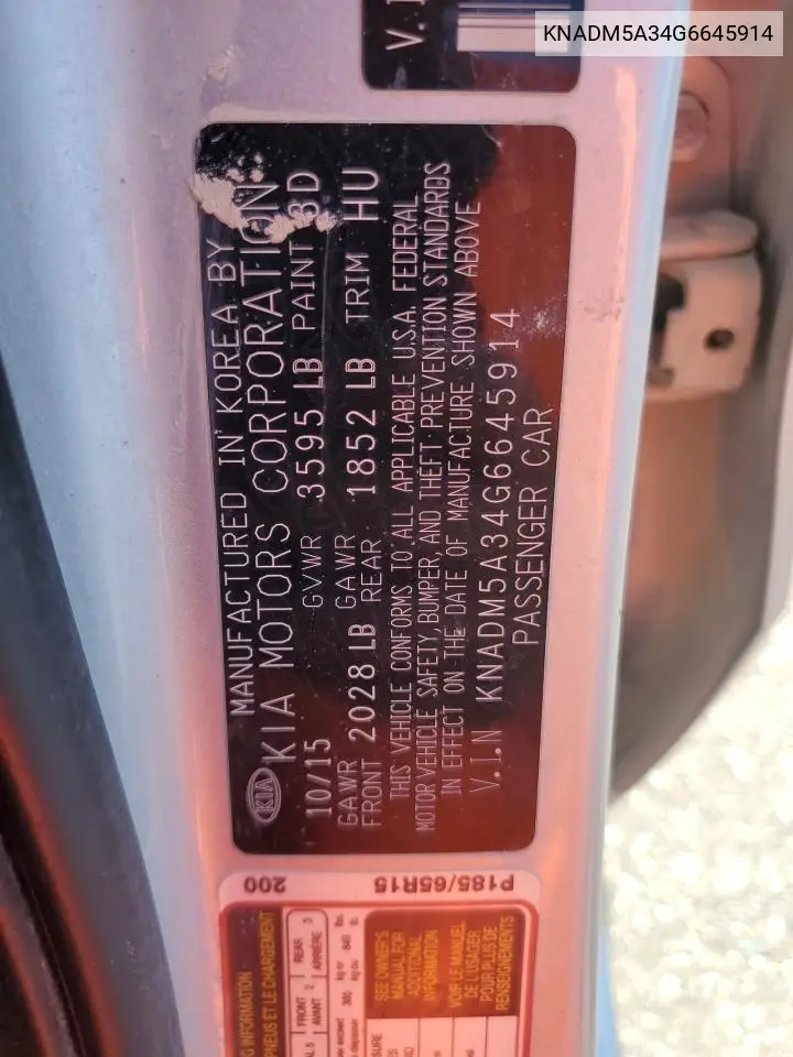 2016 Kia Rio Lx VIN: KNADM5A34G6645914 Lot: 62580085