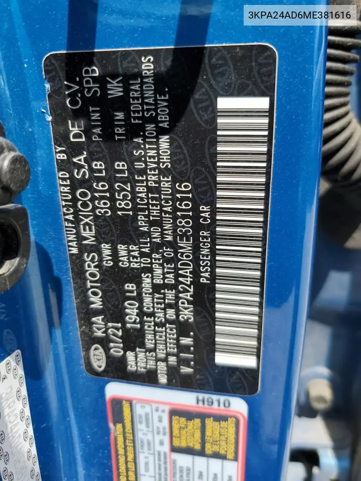 2021 Kia Rio Lx VIN: 3KPA24AD6ME381616 Lot: 56934815