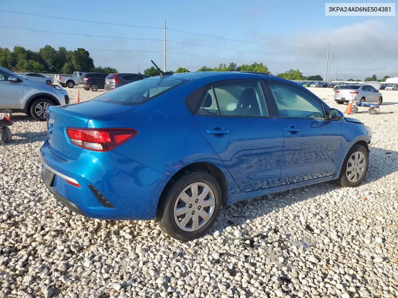 2022 Kia Rio Lx VIN: 3KPA24AD6NE504381 Lot: 62180475