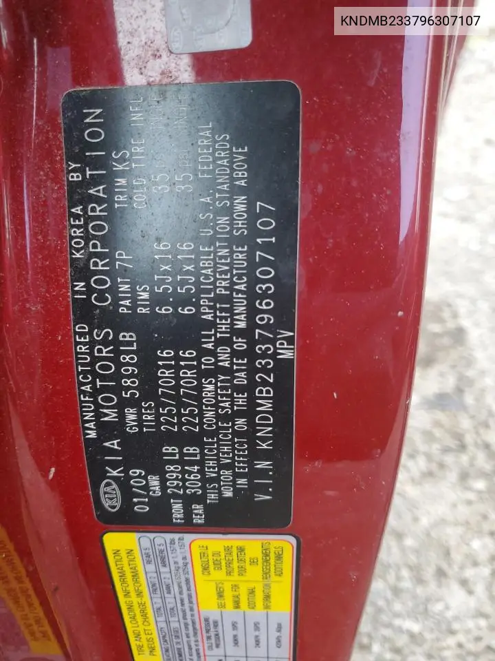 2009 Kia Sedona Ex VIN: KNDMB233796307107 Lot: 62647715