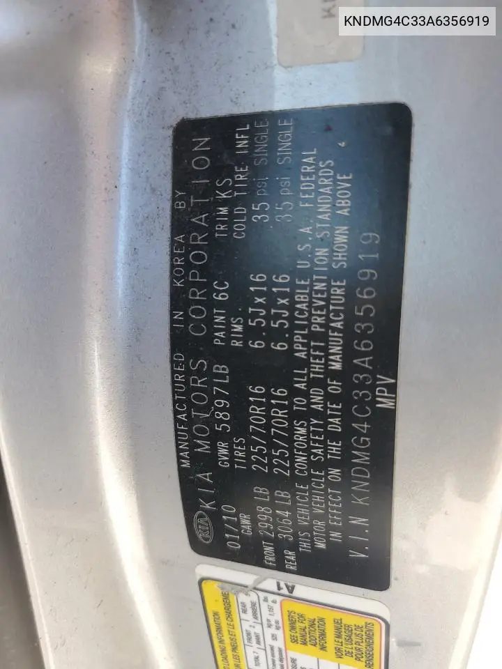 2010 Kia Sedona Lx VIN: KNDMG4C33A6356919 Lot: 65397995