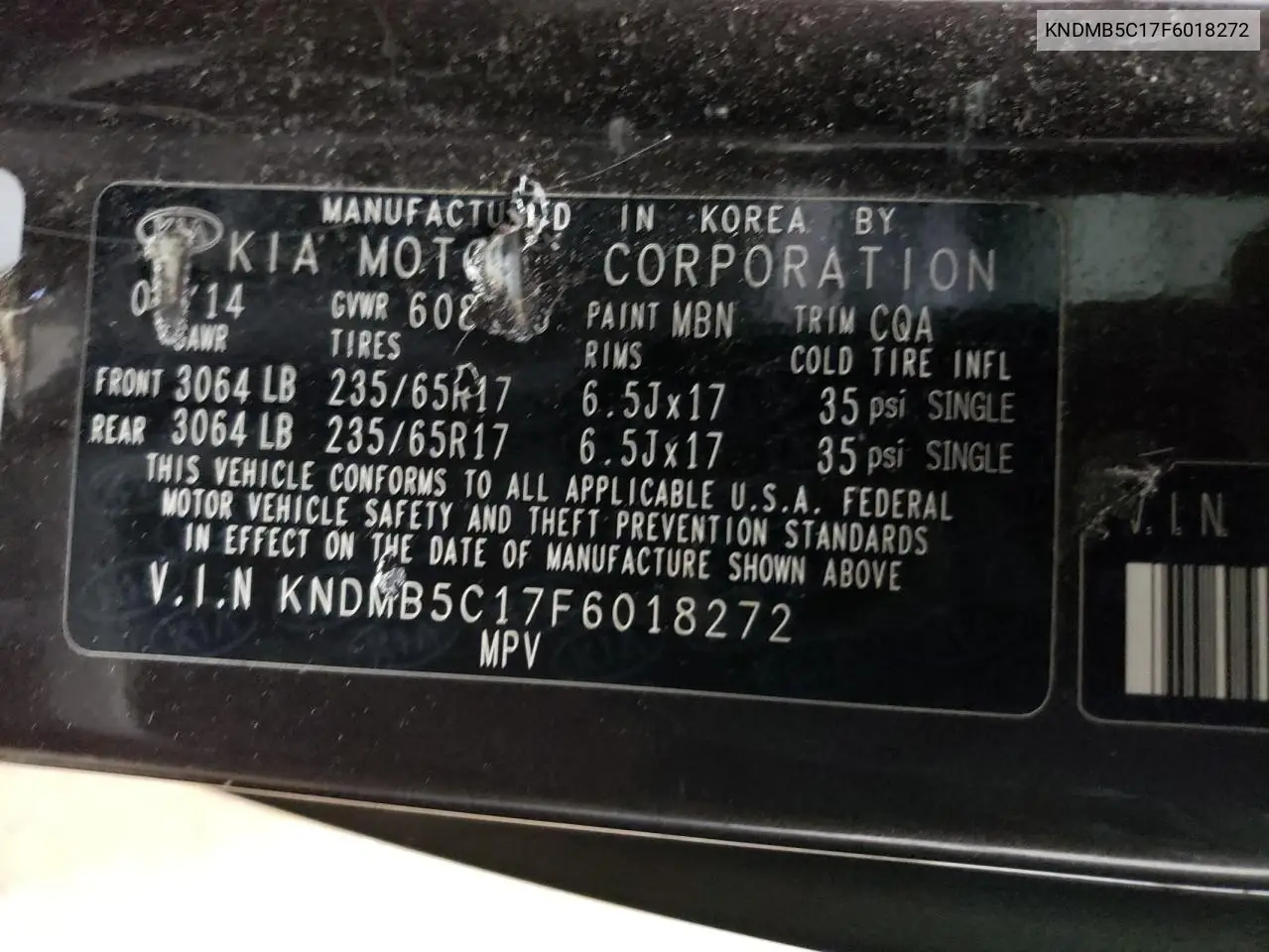 2015 Kia Sedona Lx VIN: KNDMB5C17F6018272 Lot: 57055665