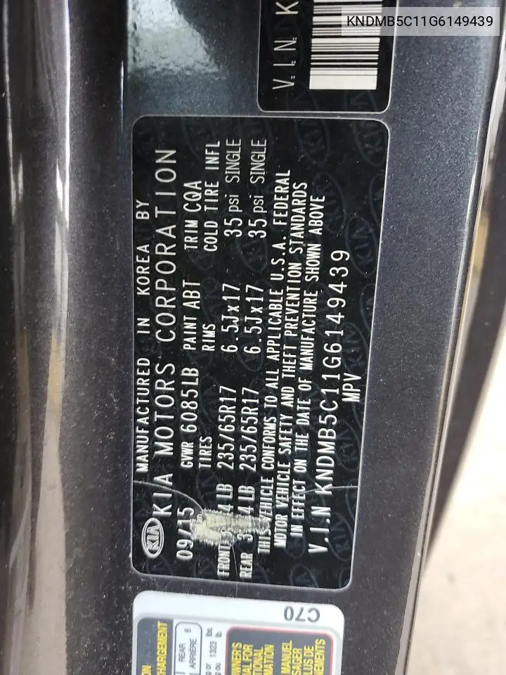 2016 Kia Sedona Lx VIN: KNDMB5C11G6149439 Lot: 56395165