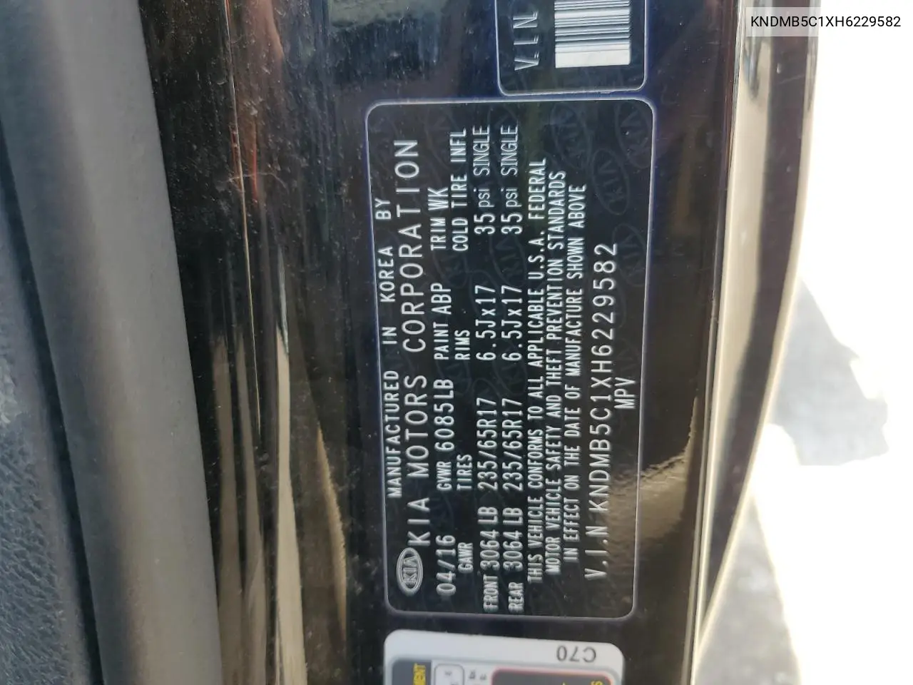 2017 Kia Sedona Lx VIN: KNDMB5C1XH6229582 Lot: 62896645