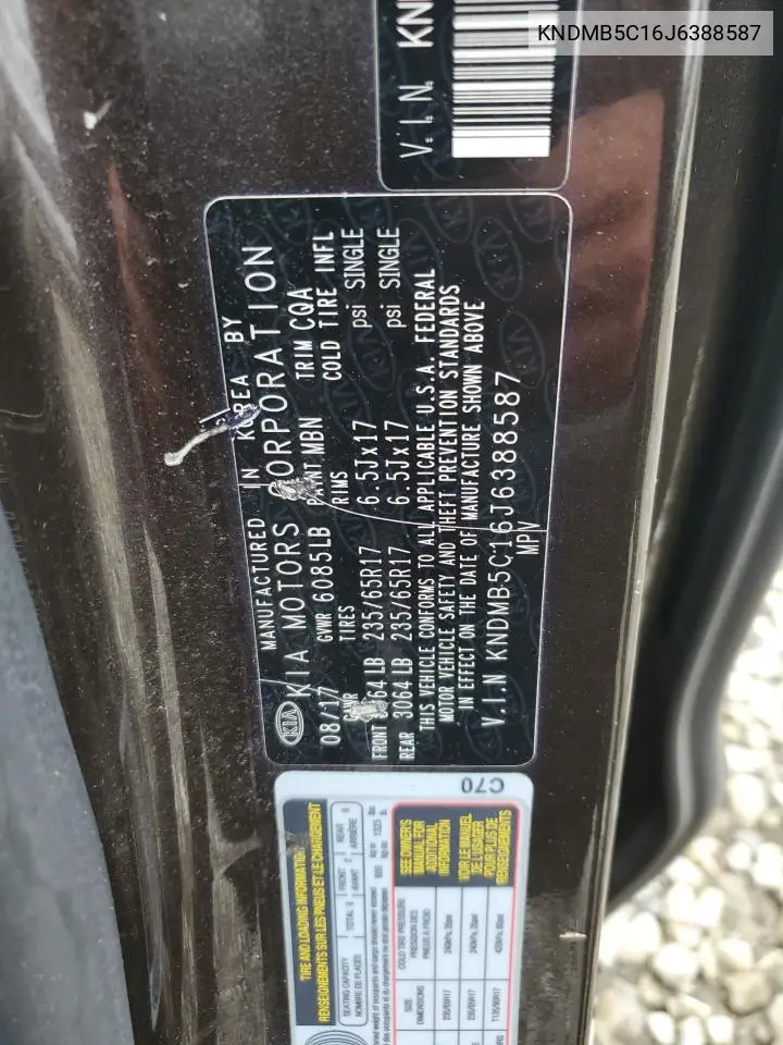 2018 Kia Sedona Lx VIN: KNDMB5C16J6388587 Lot: 59209605