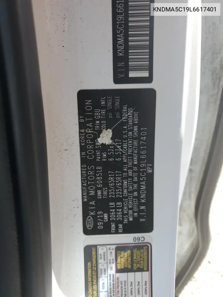 2020 Kia Sedona L VIN: KNDMA5C19L6617401 Lot: 56564135
