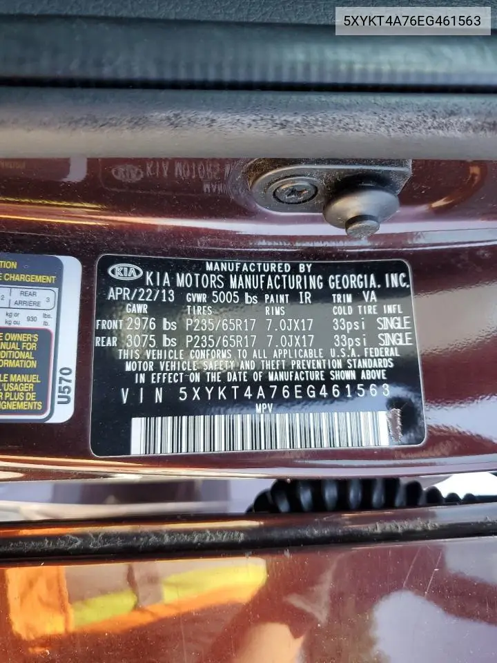 2014 Kia Sorento Lx VIN: 5XYKT4A76EG461563 Lot: 62213405