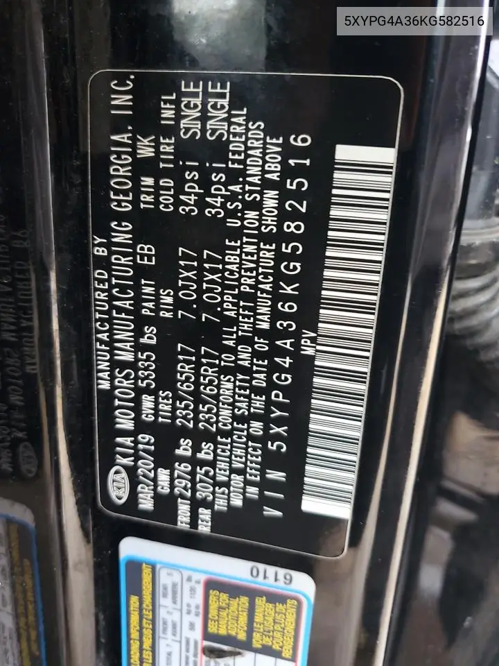 2019 Kia Sorento L VIN: 5XYPG4A36KG582516 Lot: 62967375