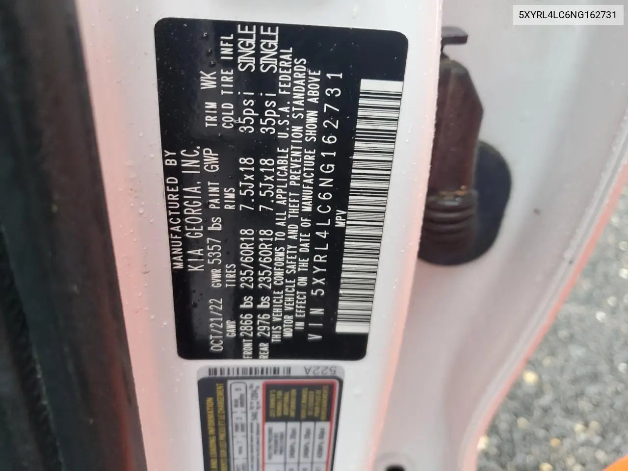 2022 Kia Sorento S VIN: 5XYRL4LC6NG162731 Lot: 56765585
