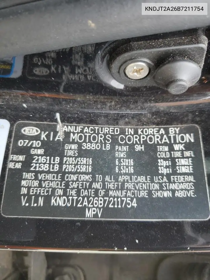 2011 Kia Soul + VIN: KNDJT2A26B7211754 Lot: 65457505