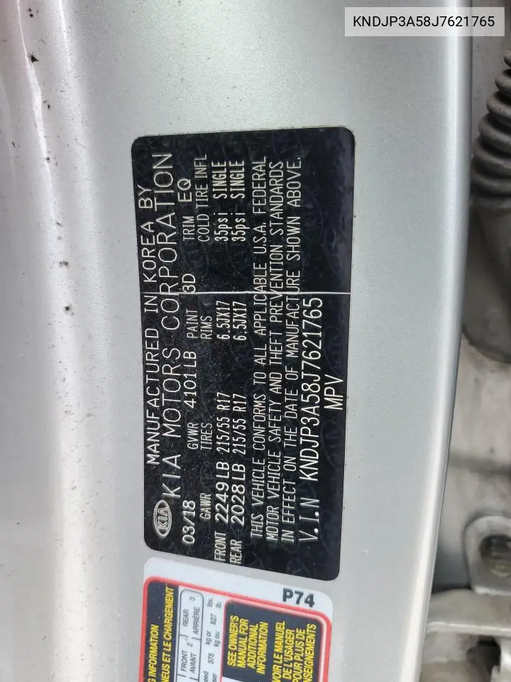 2018 Kia Soul + VIN: KNDJP3A58J7621765 Lot: 62870315