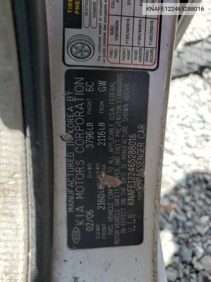 2006 Kia Spectra Lx VIN: KNAFE122465288016 Lot: 62855945