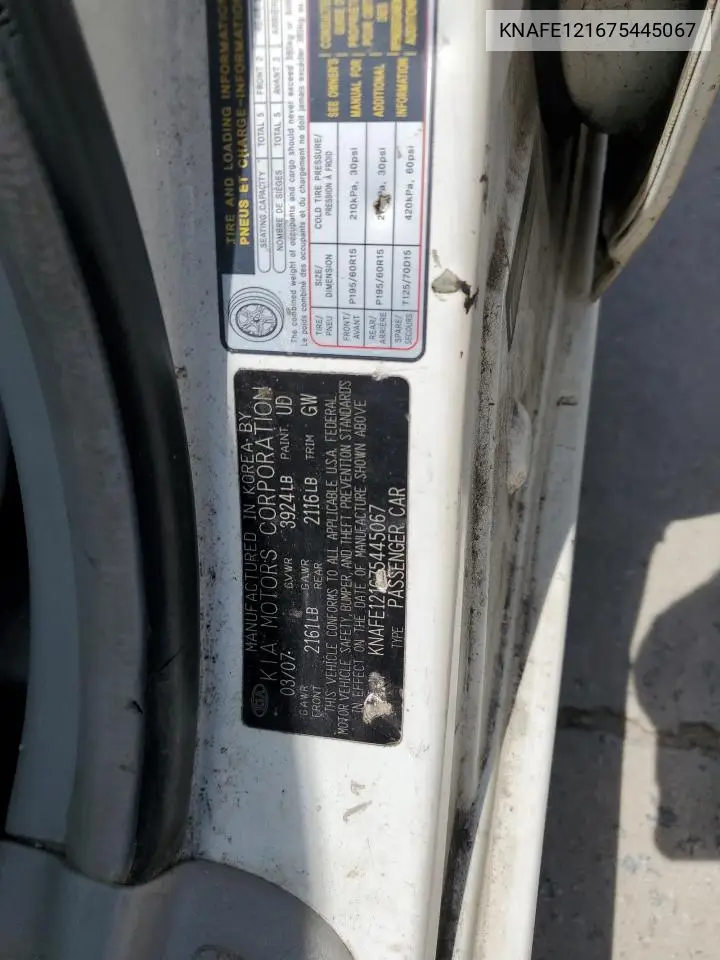 2007 Kia Spectra Ex VIN: KNAFE121675445067 Lot: 60154315