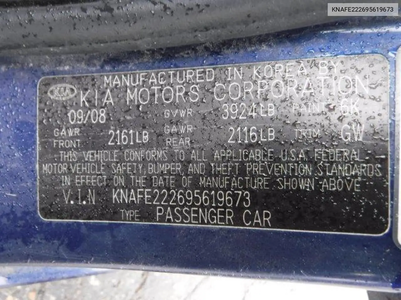 2009 Kia Spectra Ex VIN: KNAFE222695619673 Lot: 62959315