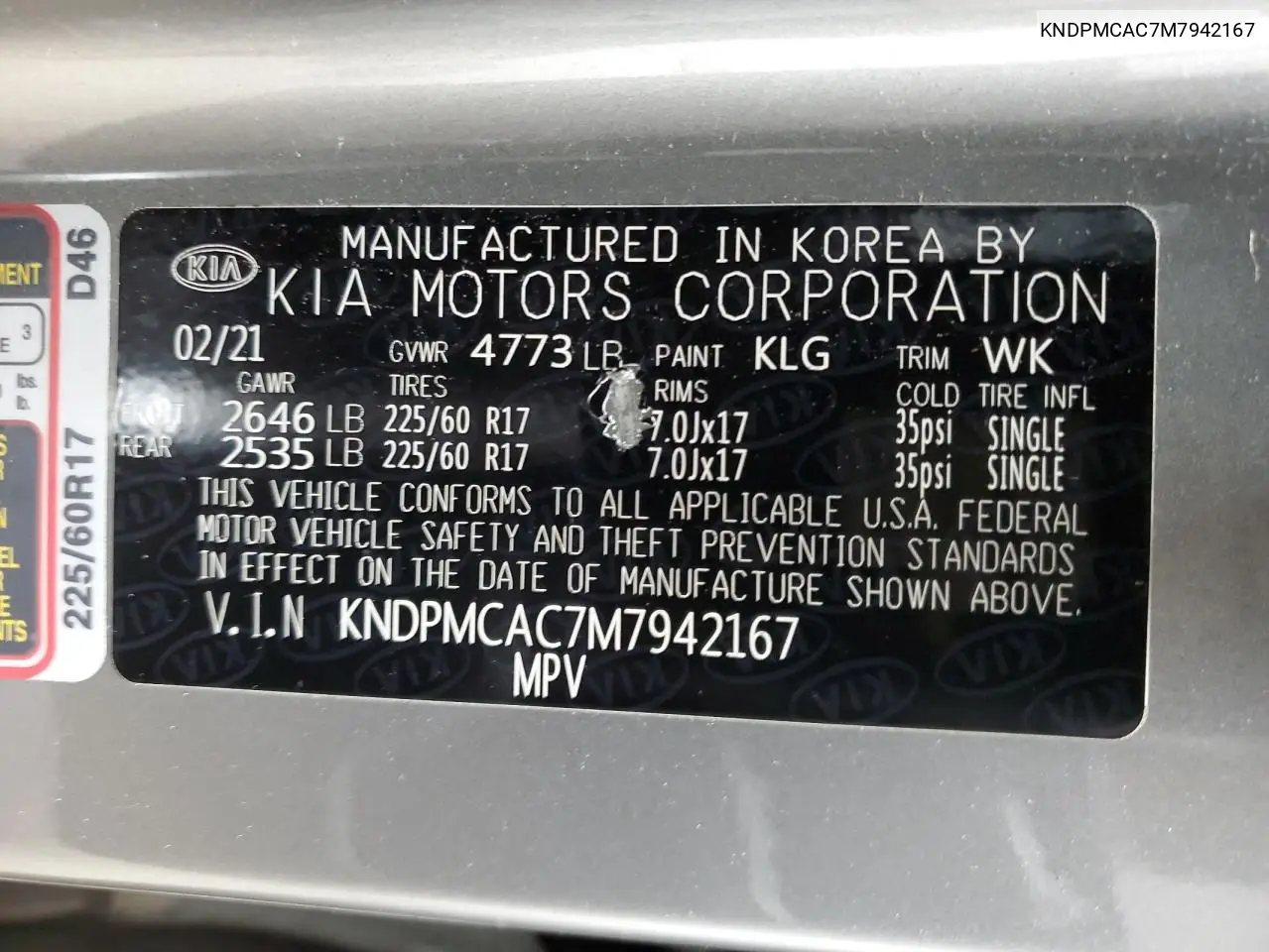 2021 Kia Sportage Lx VIN: KNDPMCAC7M7942167 Lot: 63019525