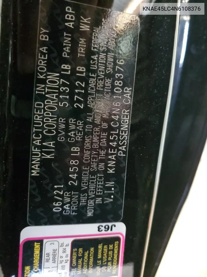 2022 Kia Stinger Gt1 VIN: KNAE45LC4N6108376 Lot: 63427465