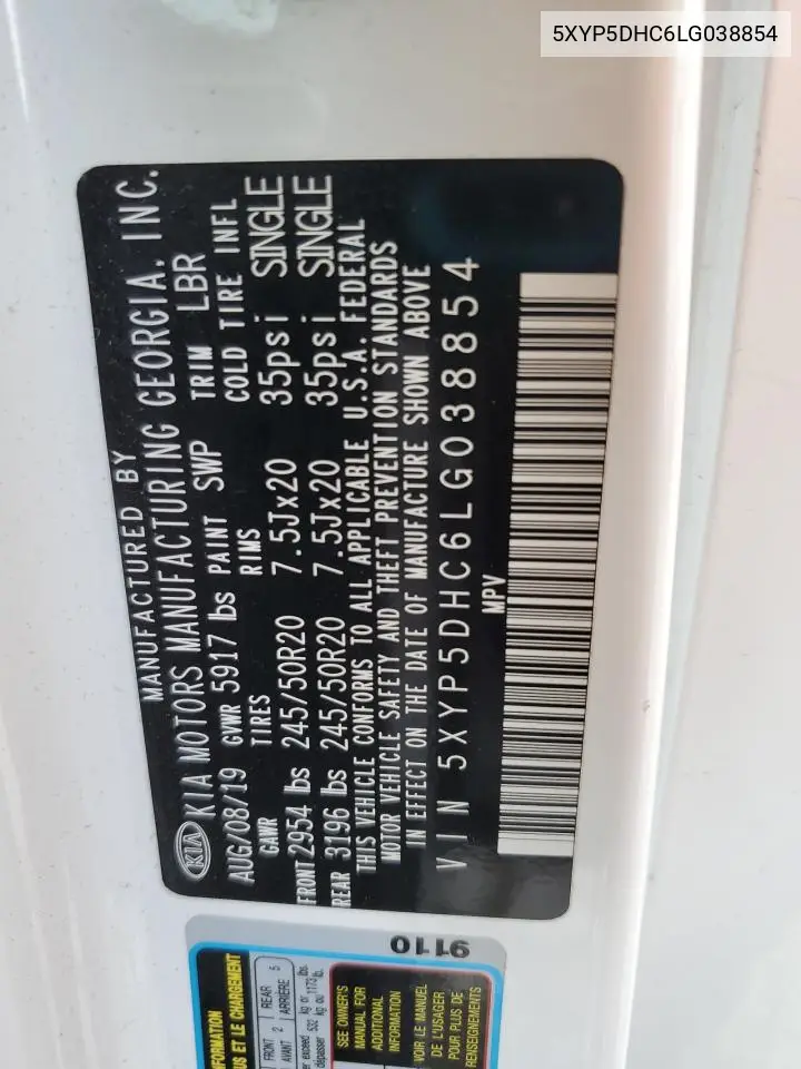 2020 Kia Telluride Sx VIN: 5XYP5DHC6LG038854 Lot: 61001325