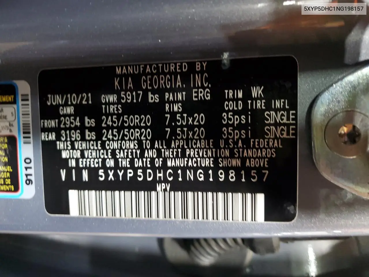 2022 Kia Telluride Sx VIN: 5XYP5DHC1NG198157 Lot: 62255655