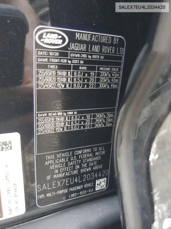 2020 Land Rover Defender 110 X VIN: SALEX7EU4L2034420 Lot: 59281815