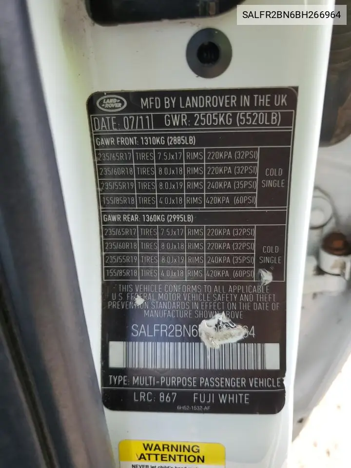 2011 Land Rover Lr2 Hse VIN: SALFR2BN6BH266964 Lot: 59817305