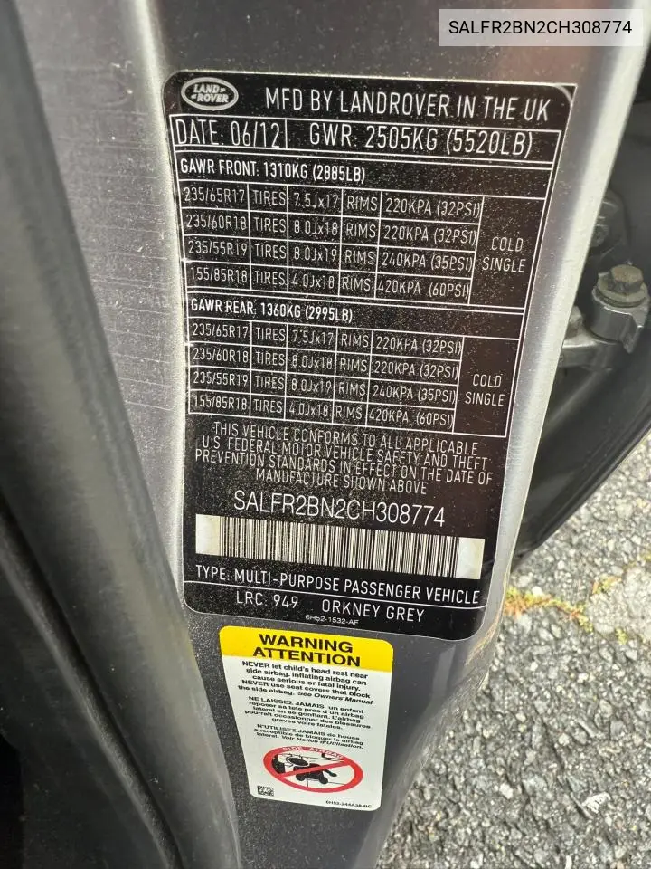 2012 Land Rover Lr2 Hse VIN: SALFR2BN2CH308774 Lot: 60827275