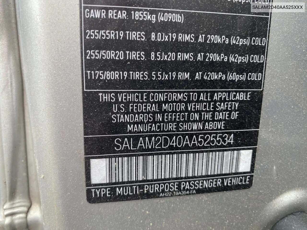 2010 Land Rover Lr4 Hse Plus VIN: SALAM2D40AA525XXX Lot: 63040085
