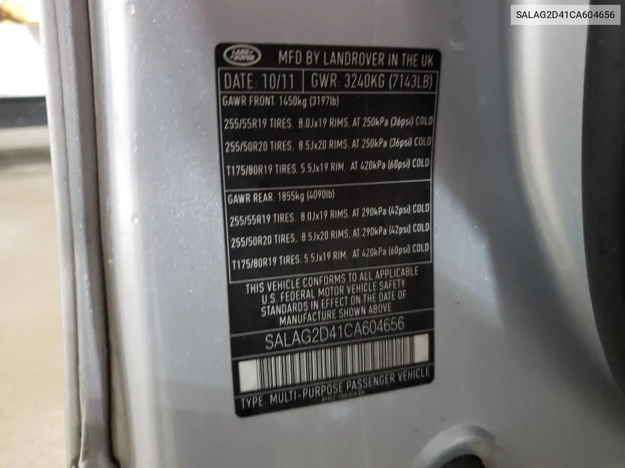 2012 Land Rover Lr4 Hse VIN: SALAG2D41CA604656 Lot: 59901925