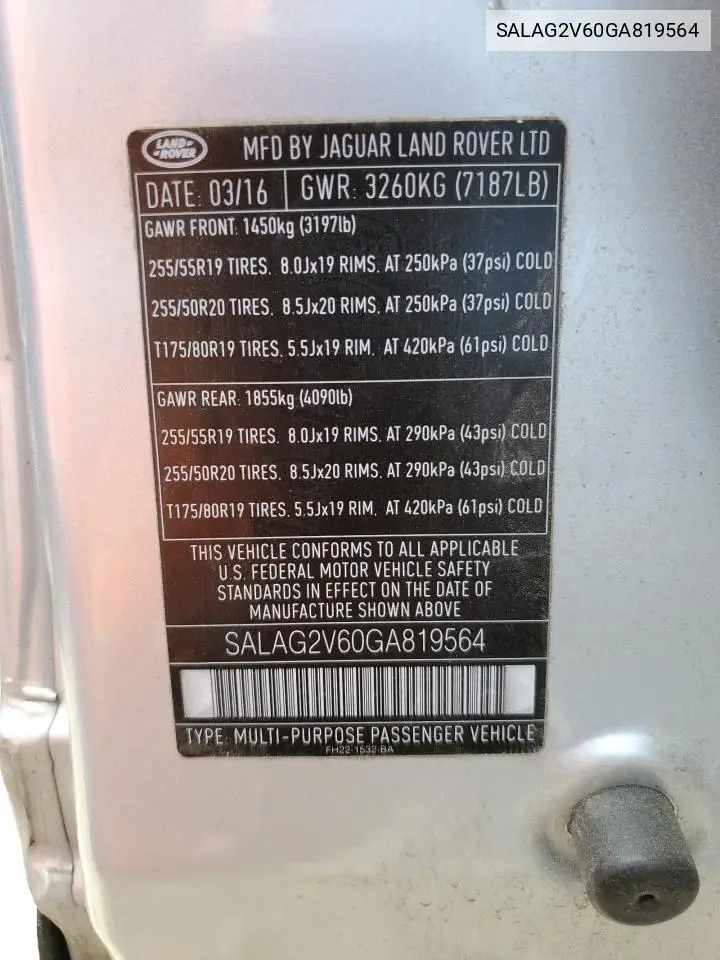 2016 Land Rover Lr4 Hse VIN: SALAG2V60GA819564 Lot: 61740975
