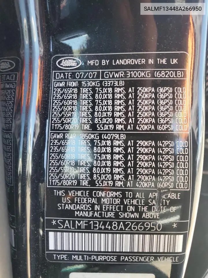 2008 Land Rover Range Rover Supercharged VIN: SALMF13448A266950 Lot: 59165305