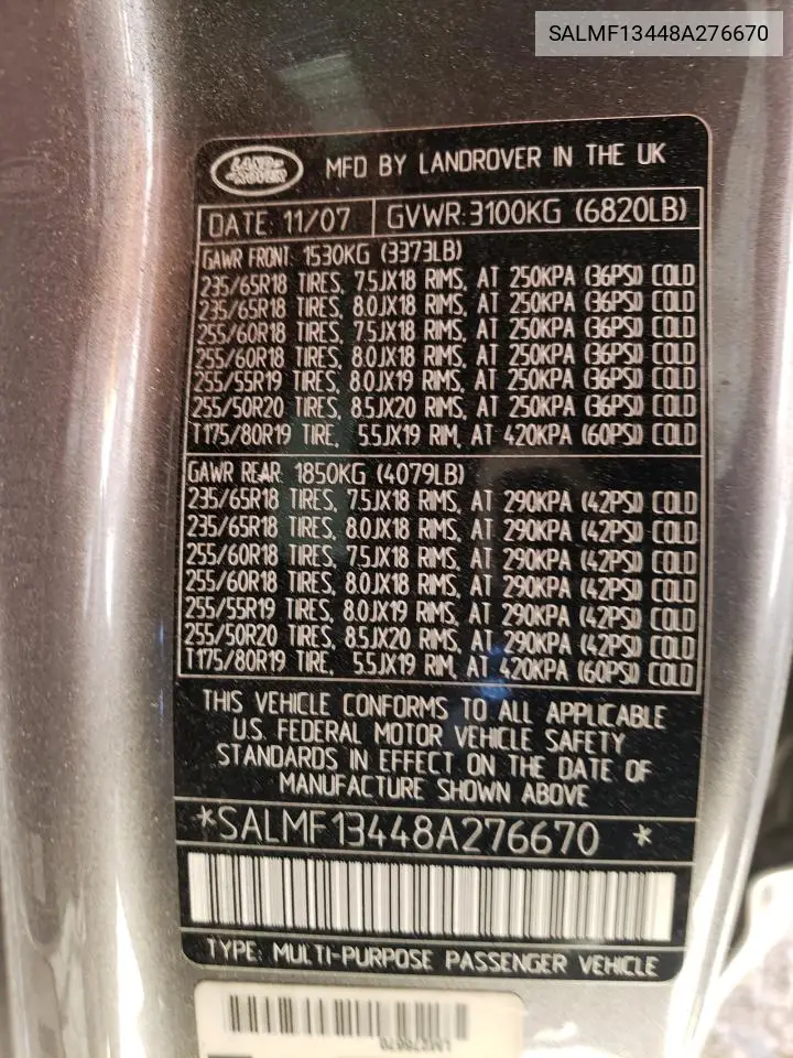 2008 Land Rover Range Rover Supercharged VIN: SALMF13448A276670 Lot: 62297885