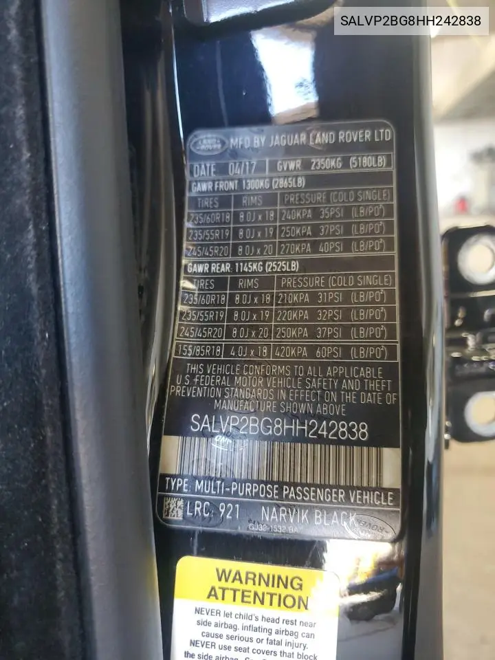 2017 Land Rover Range Rover Evoque Se VIN: SALVP2BG8HH242838 Lot: 63071405