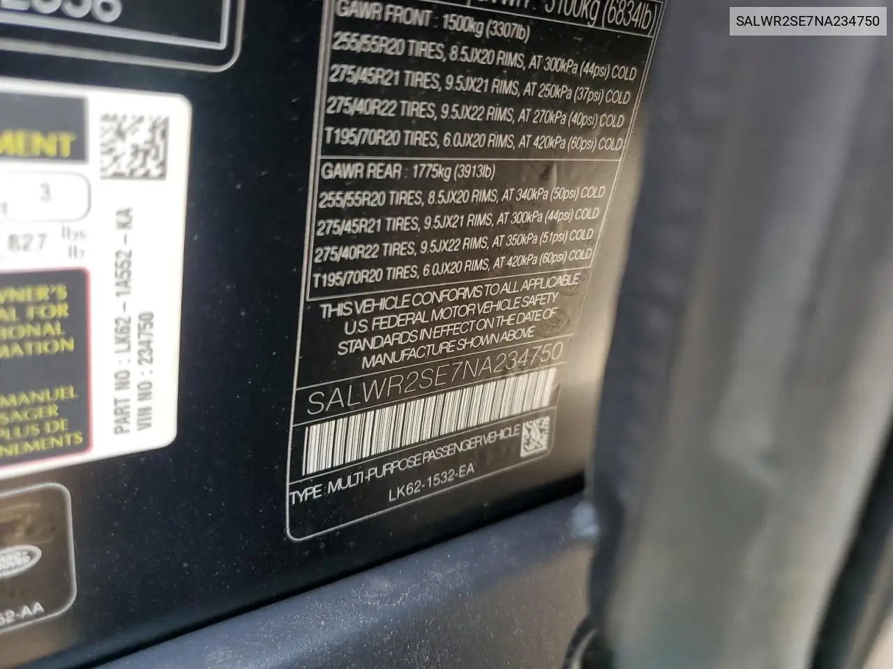 2022 Land Rover Range Rover Sport Hse Dynamic VIN: SALWR2SE7NA234750 Lot: 58992895