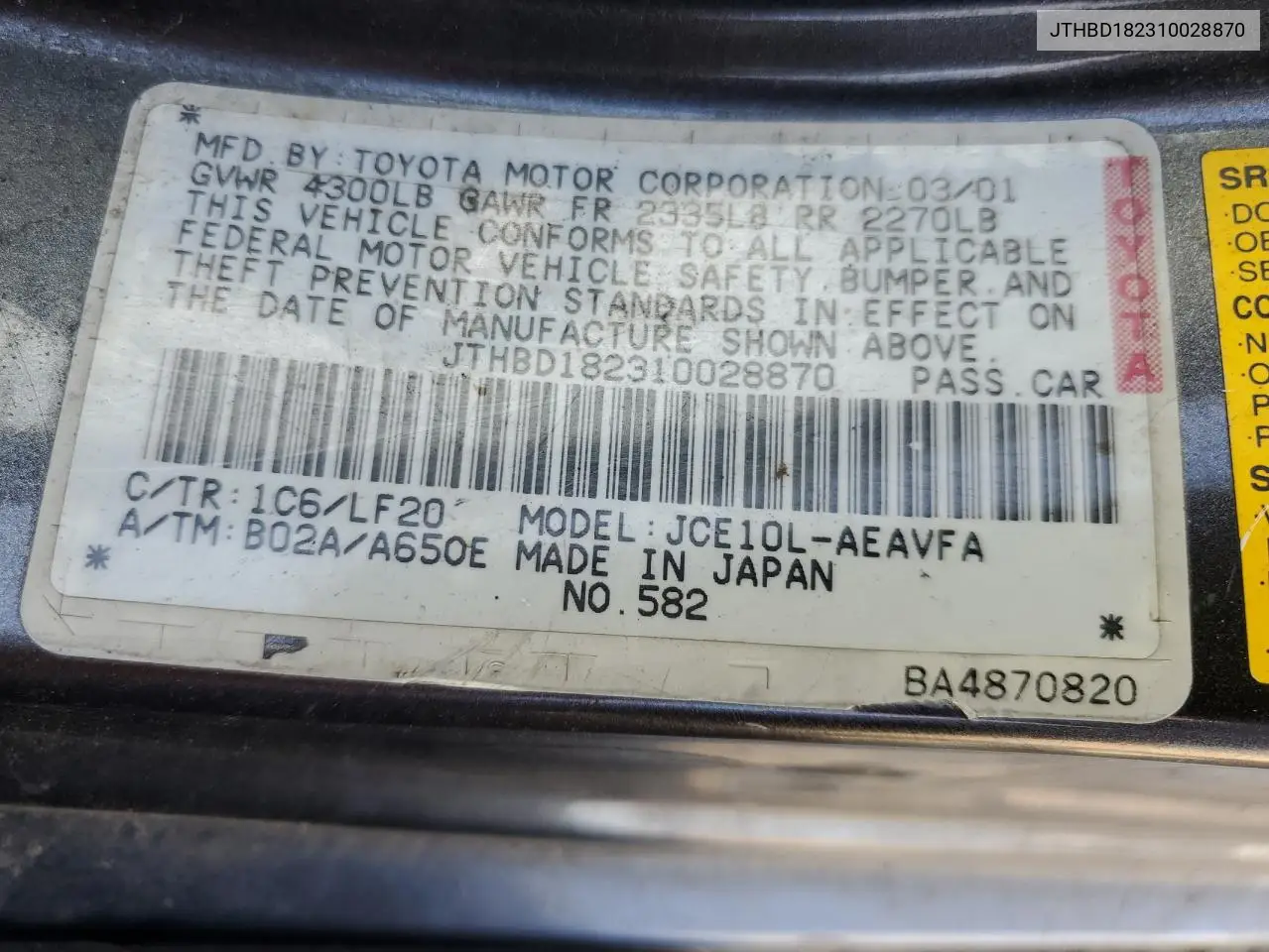 2001 Lexus Is 300 VIN: JTHBD182310028870 Lot: 52650275
