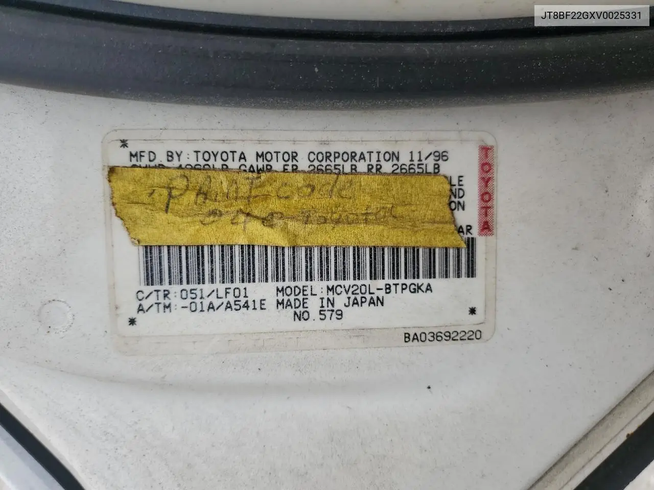 1997 Lexus Es 300 VIN: JT8BF22GXV0025331 Lot: 63388795