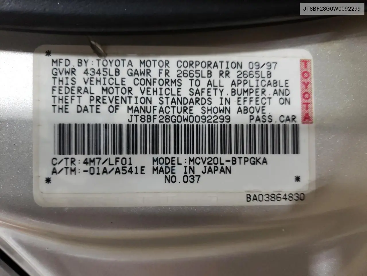 1998 Lexus Es 300 VIN: JT8BF28G0W0092299 Lot: 63017705
