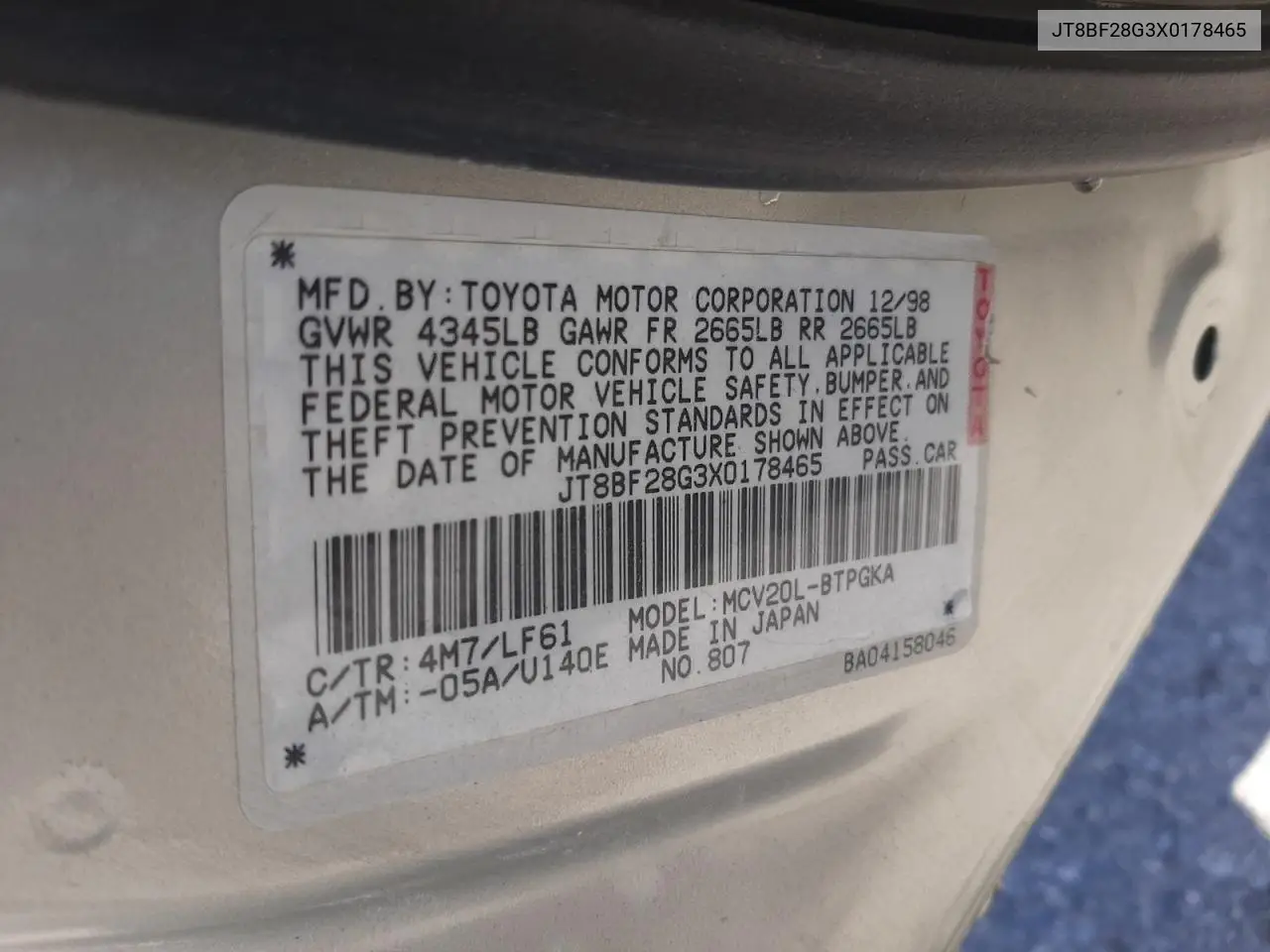 1999 Lexus Es 300 VIN: JT8BF28G3X0178465 Lot: 58072315