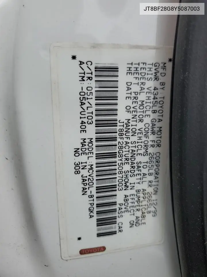 2000 Lexus Es 300 VIN: JT8BF28G8Y5087003 Lot: 62896015