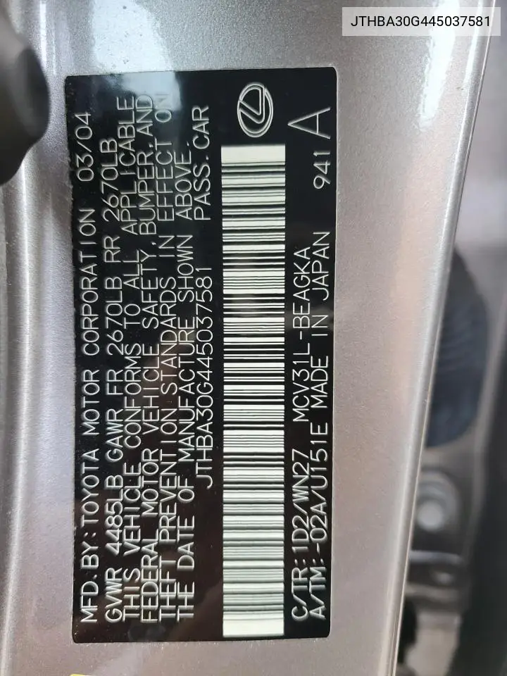2004 Lexus Es 330 VIN: JTHBA30G445037581 Lot: 56790305
